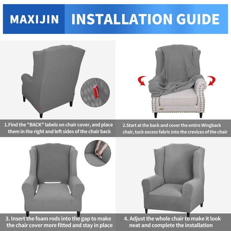 MAXIJIN Wingback Chair Covers 1-Piece Stretch Wing Chair Covers Soft Thick Wingback Armchair Slipcover Non-Slip High Back Chair Furniture Protector Washable (Wing Chair, Light Gray) - Image 5